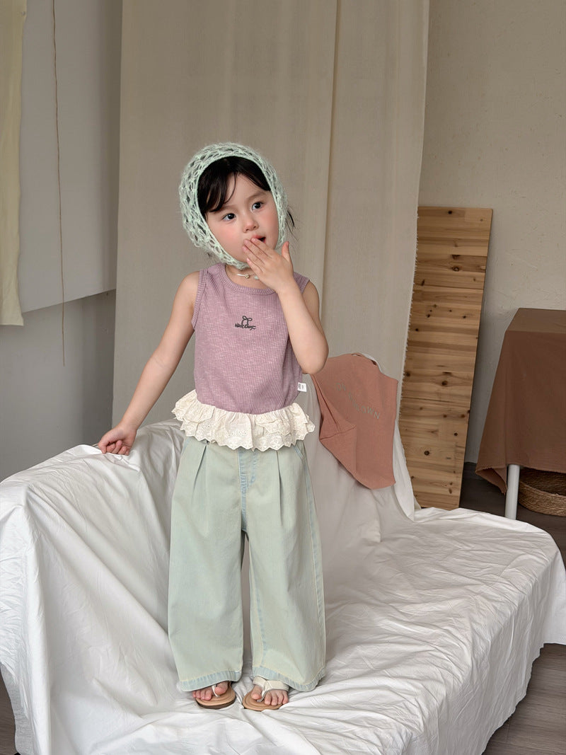 【90-140cm】韓版甜美蕾絲花邊背心