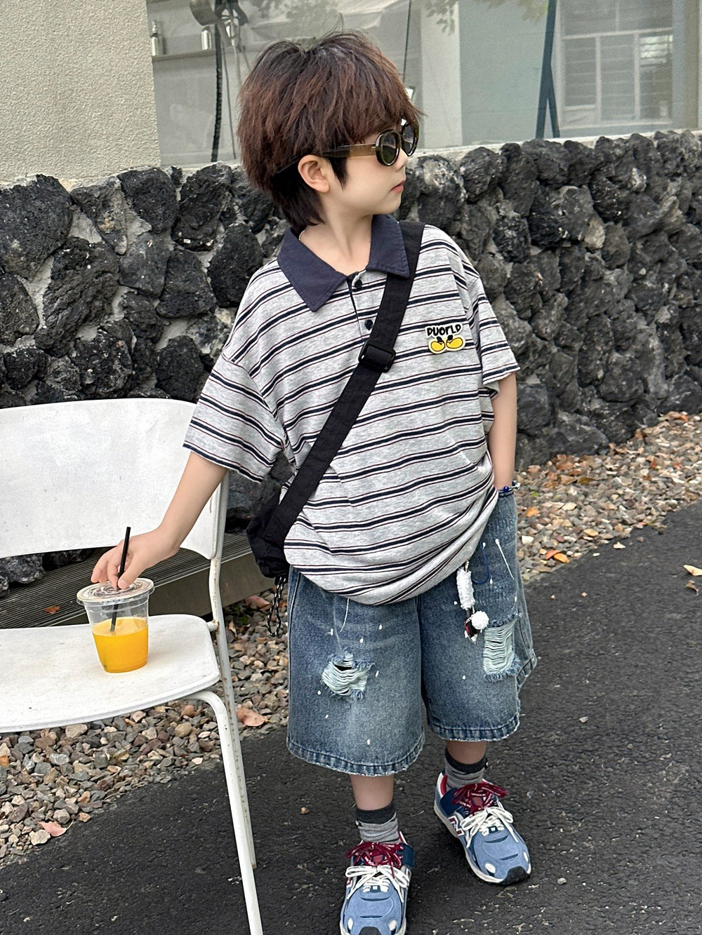 【100-160cm】條紋翻領短袖POLO衫