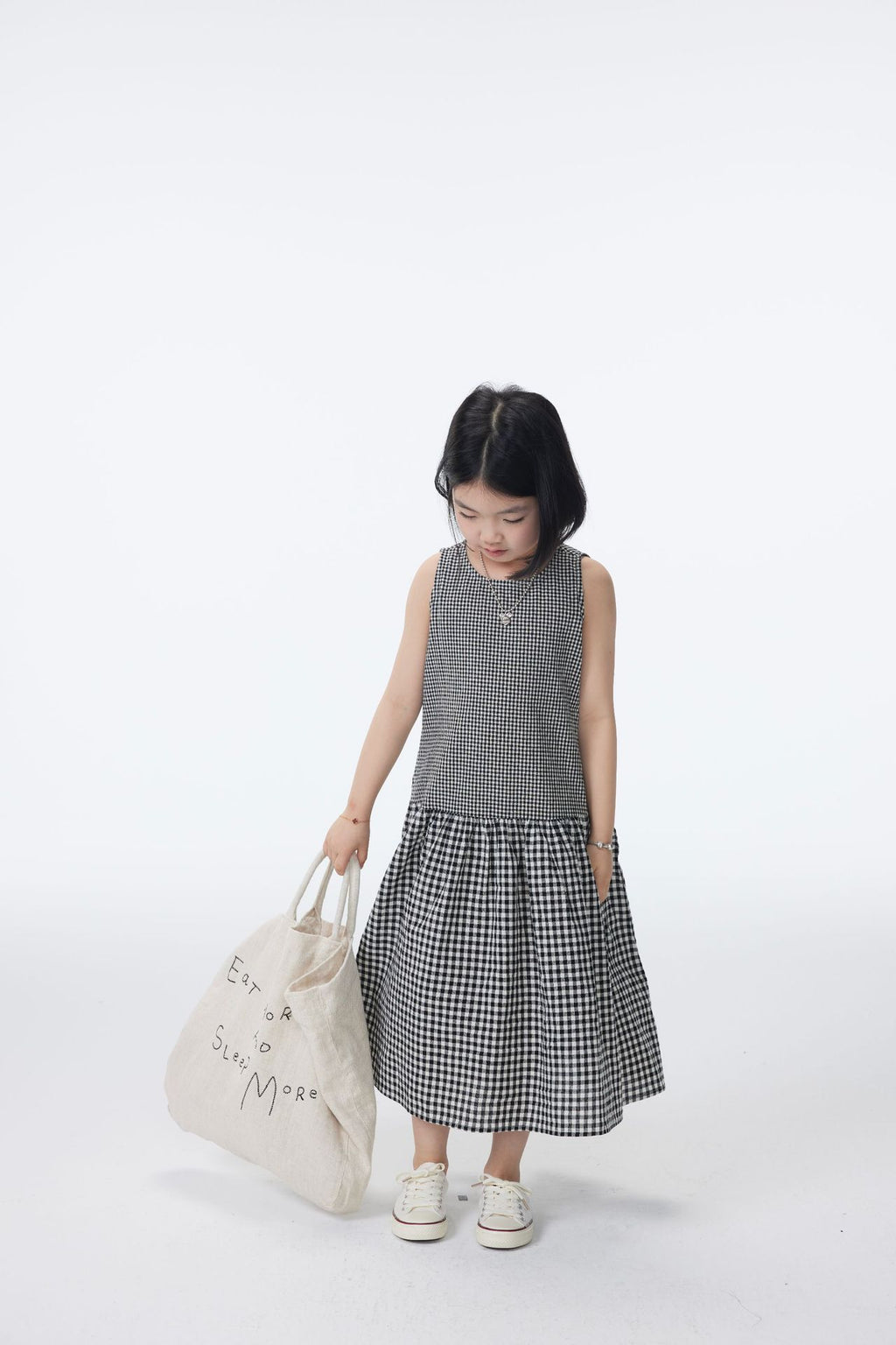 【90-150cm / M.L】【親子裝】日系大小格子拼接無袖連身裙