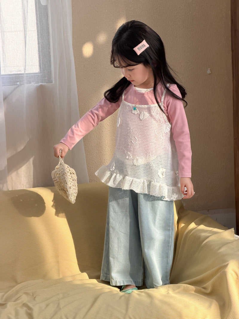 【90-140cm】蕾絲花朵鏤空網吊帶上衣 | 拼色假兩件彈力打底衫