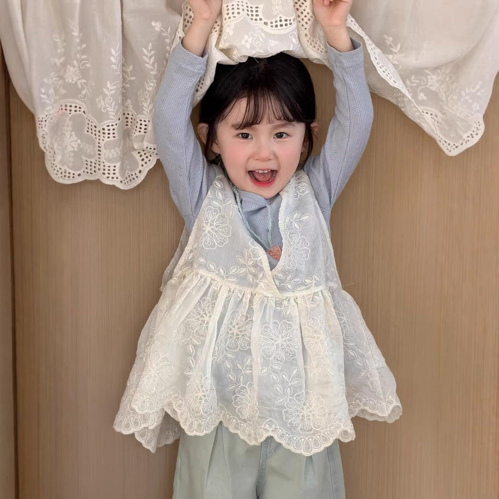 【90-140cm】韓版蕾絲網紗背心針織打底衫背心裙罩衫