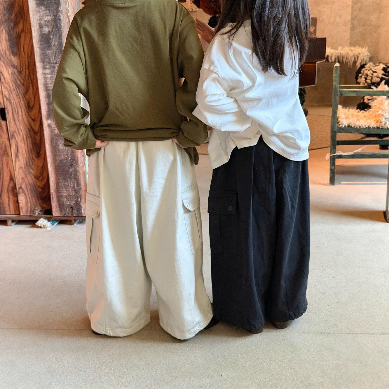 【90-160cm】(3色)口袋抽繩休閒闊腿褲