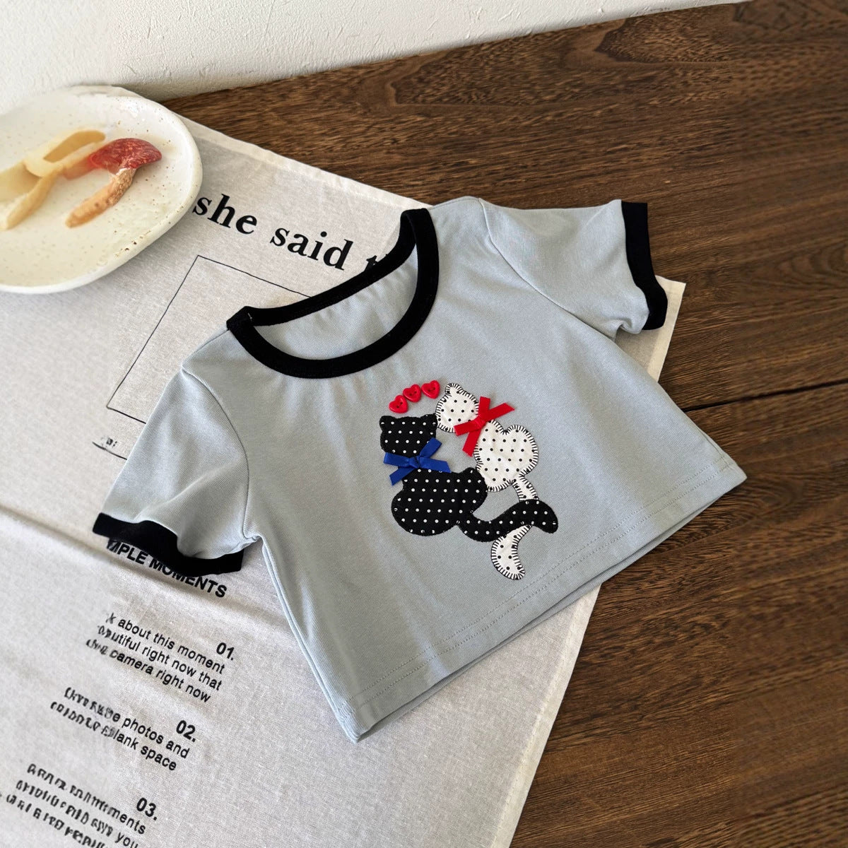 【100-150cm】韓版刺繡貼布貓咪辣妹短版T