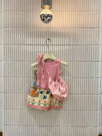 【90-140cm】坑條背心兒童彈性無袖上衣打底衫 | 印花半裙