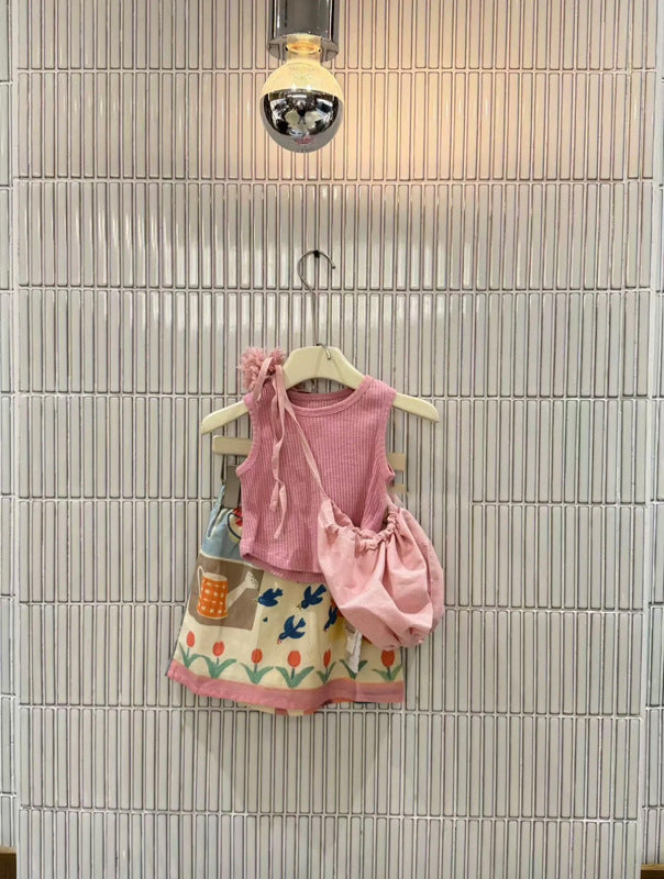 【90-140cm】坑條背心兒童彈性無袖上衣打底衫 | 印花半裙