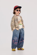 【90-150cm】迷彩條紋字母針織棒球外套