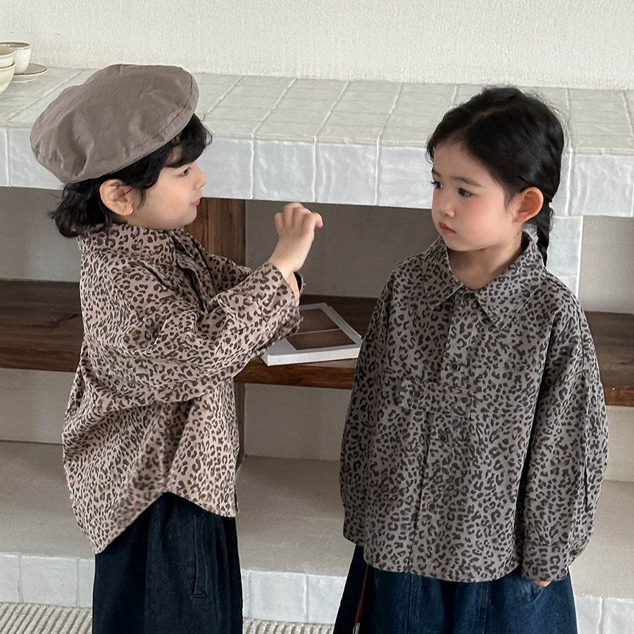 【80-140cm】復古港風豹紋襯衫