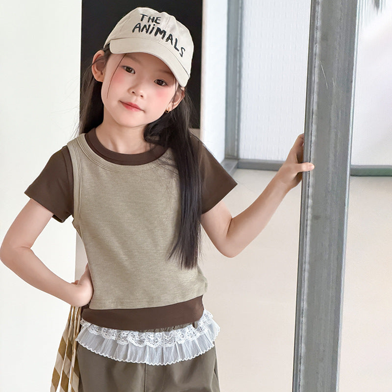 【100-170cm】3色-韓系撞色疊穿感假兩件T