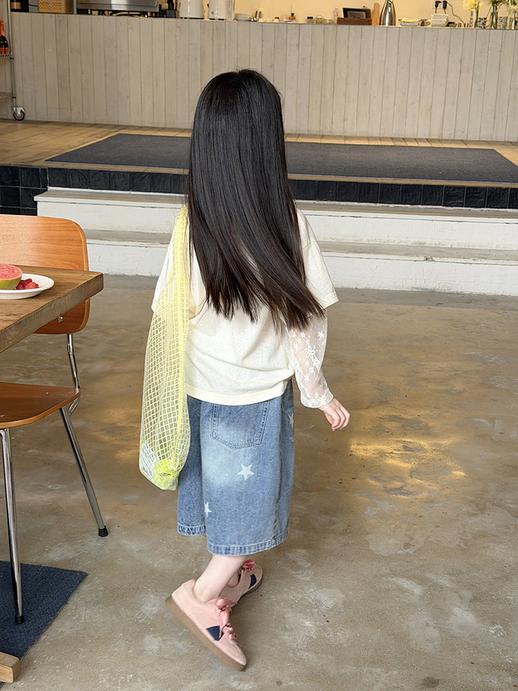 【100-170cm】氛圍感韓系甜美假兩件防曬蕾絲袖T