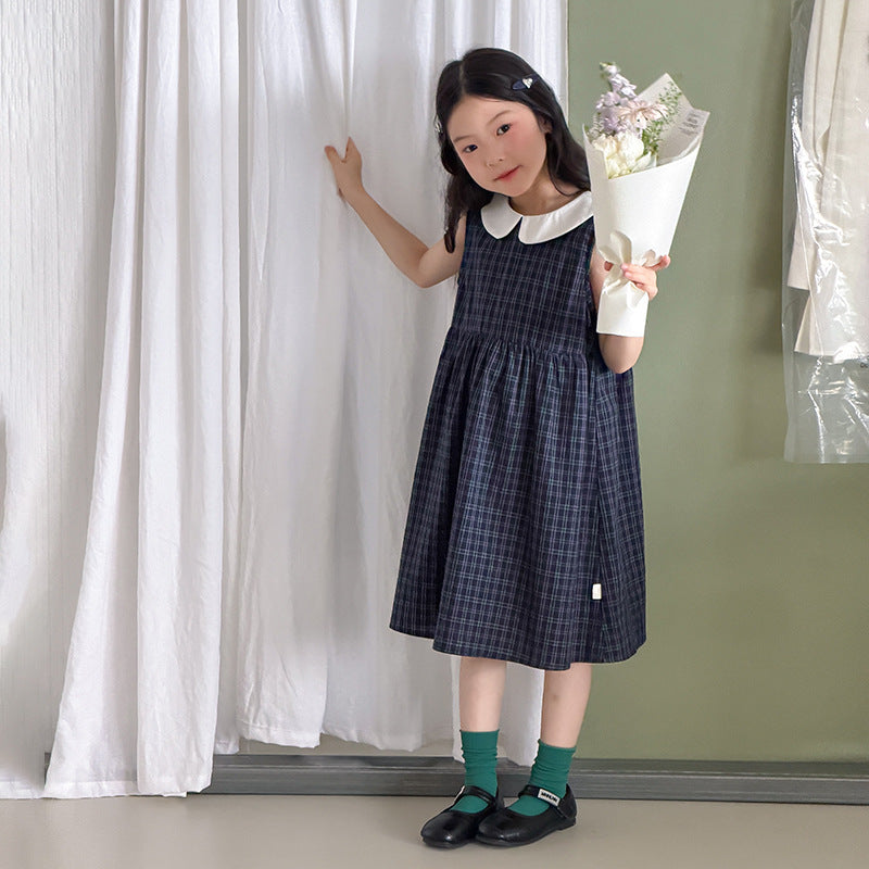 【100-170cm】韓系學院風復古格子娃娃領背心裙