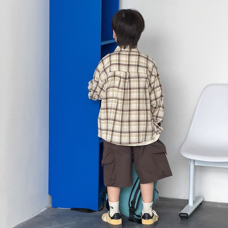 【100-170cm】休閒格子防曬字母襯衫