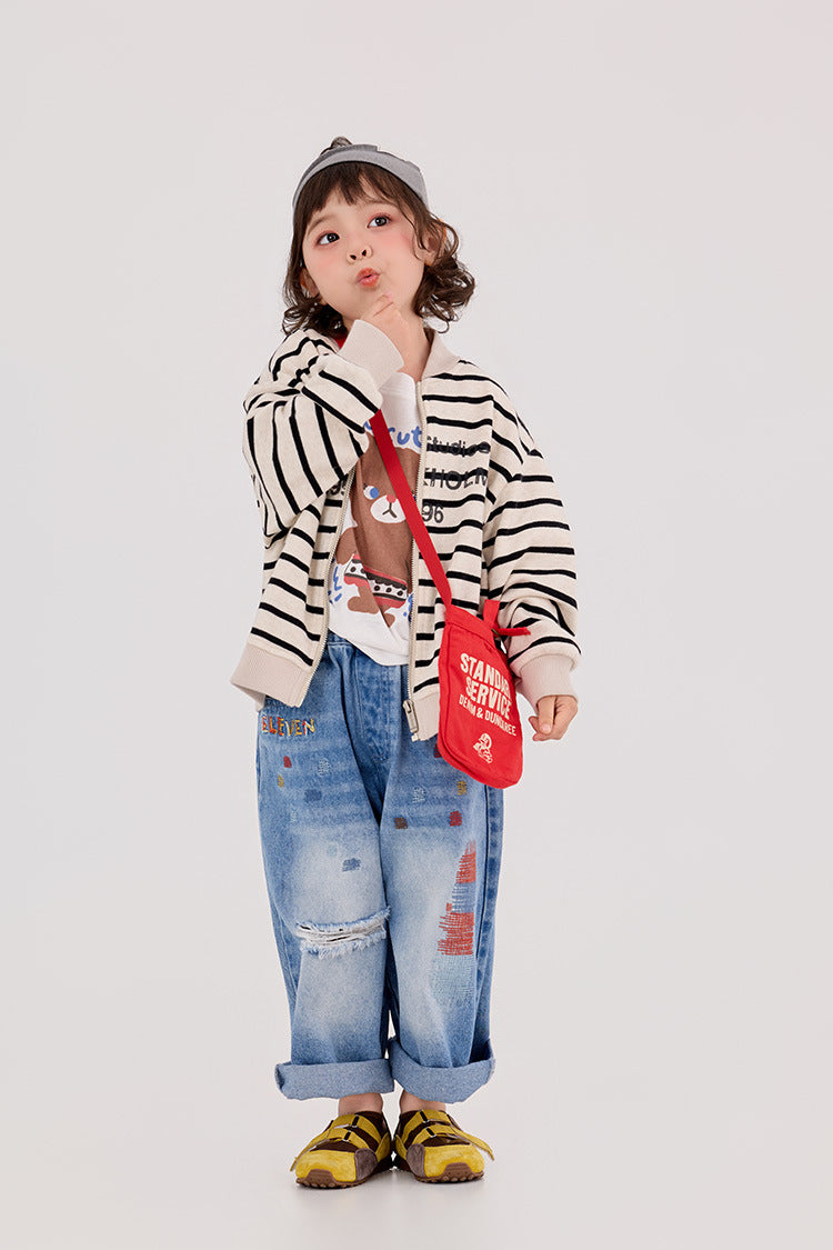 【90-150cm】迷彩條紋字母針織棒球外套