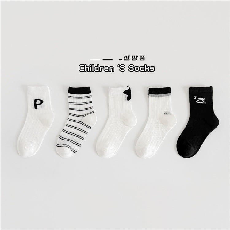 黑白字母條紋網眼中筒襪