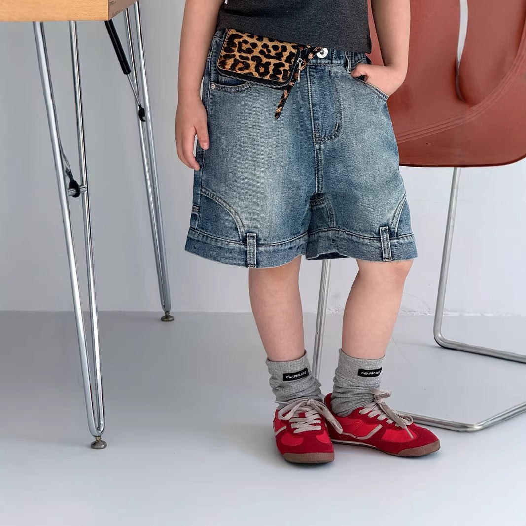 【120-160cm】復古色不規則牛仔中褲