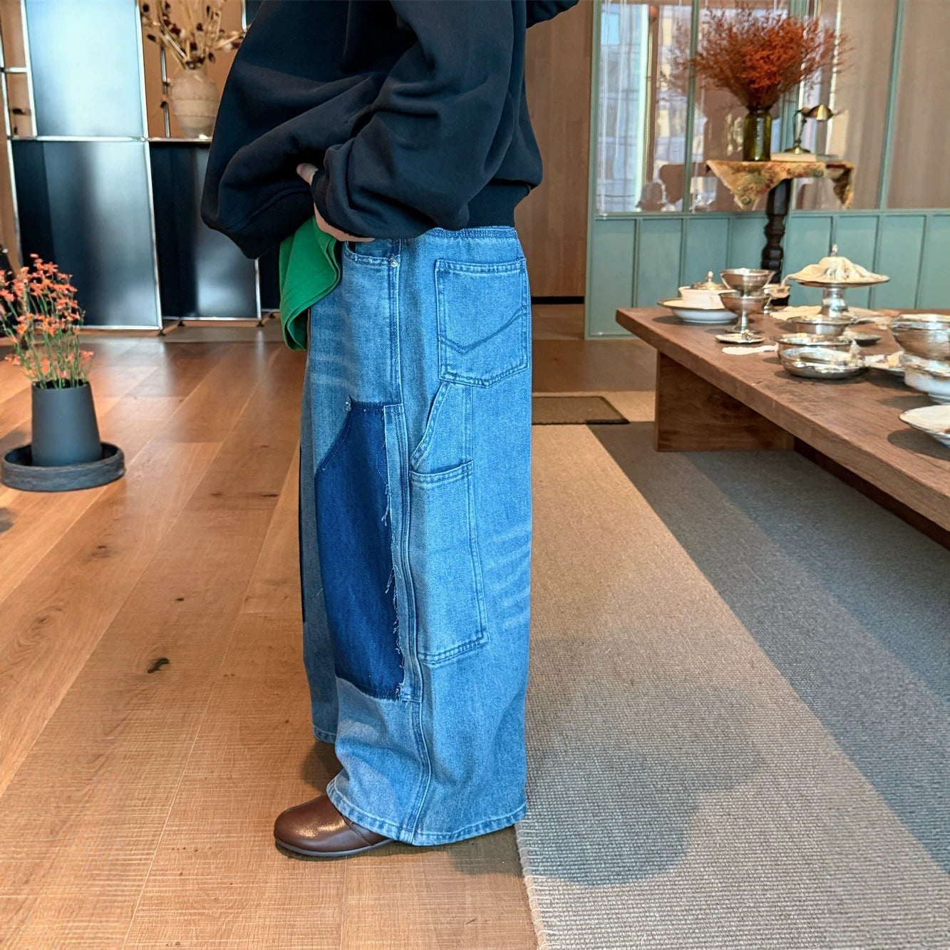 【90-160cm】復古拼接牛仔直筒褲