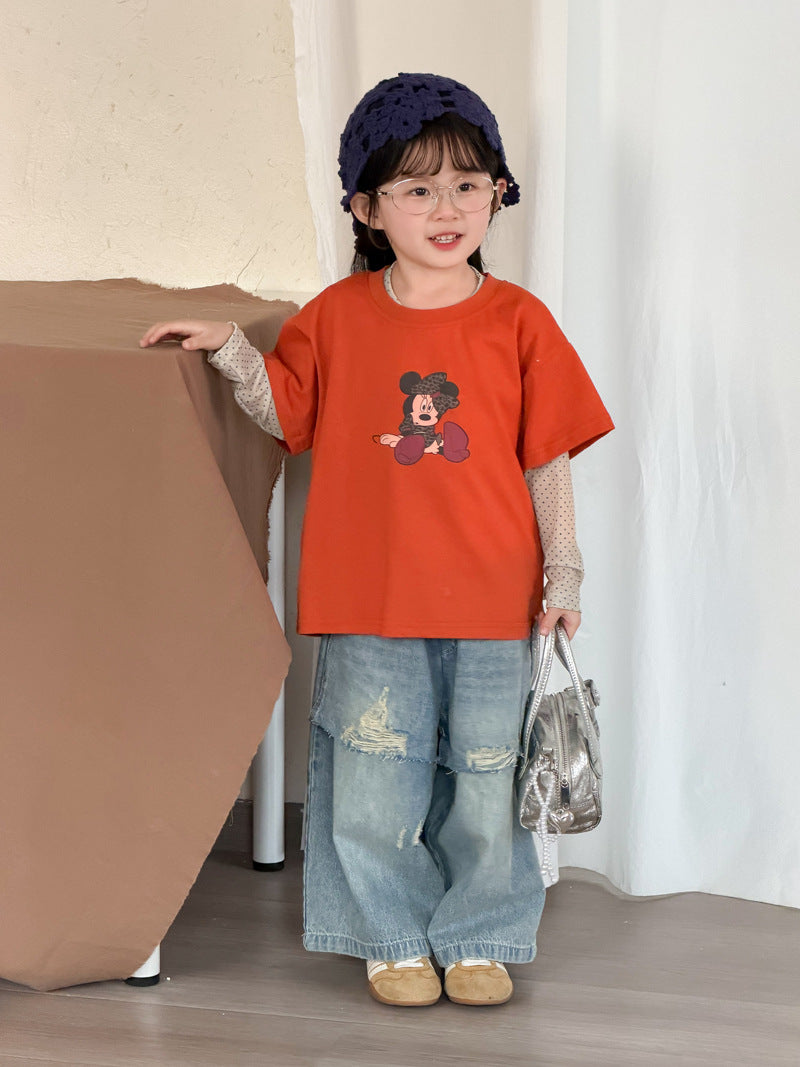 【90-140cm】時髦做舊直筒破洞牛仔褲