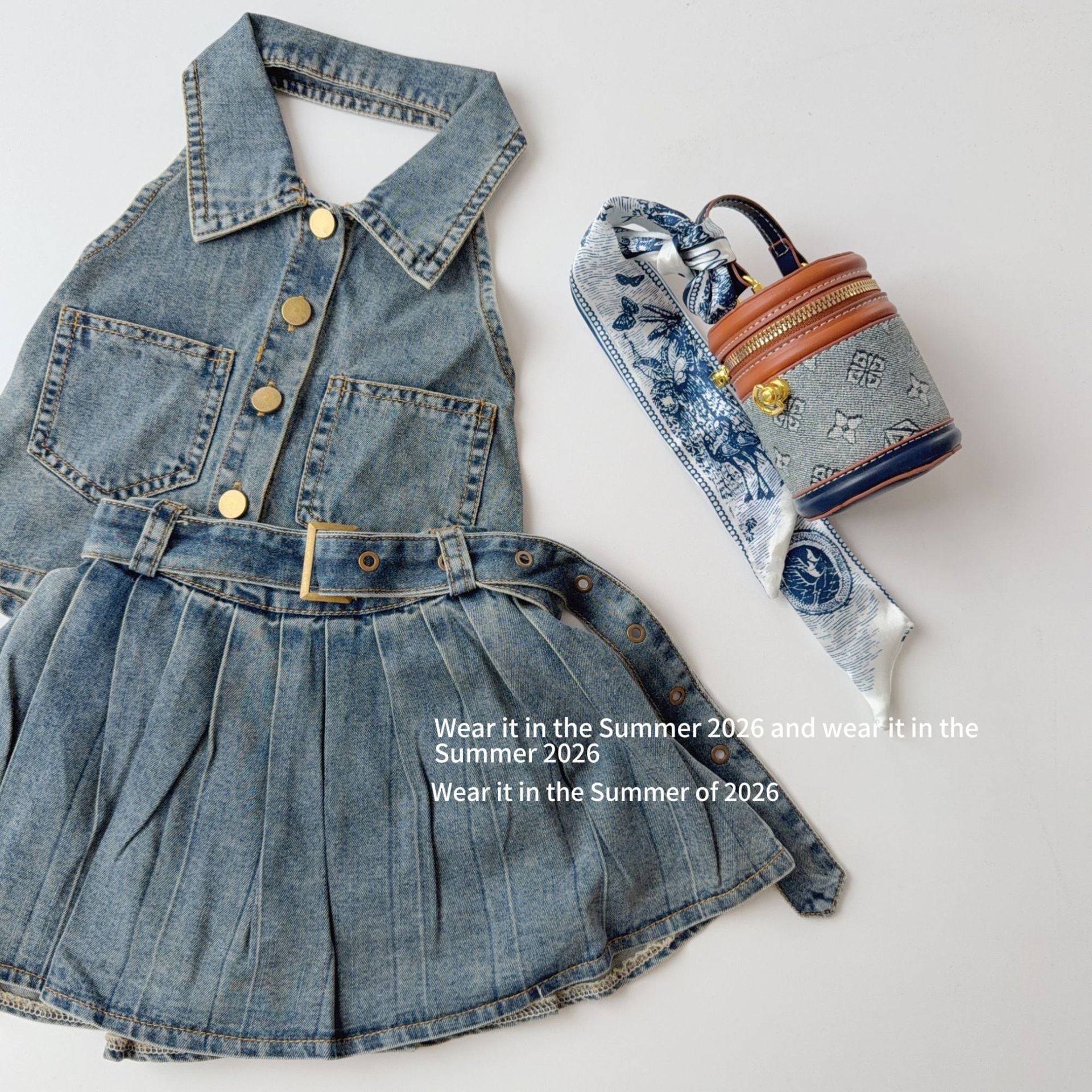 【90-150cm】辣妹露背牛仔百褶裙套裝(附腰帶)