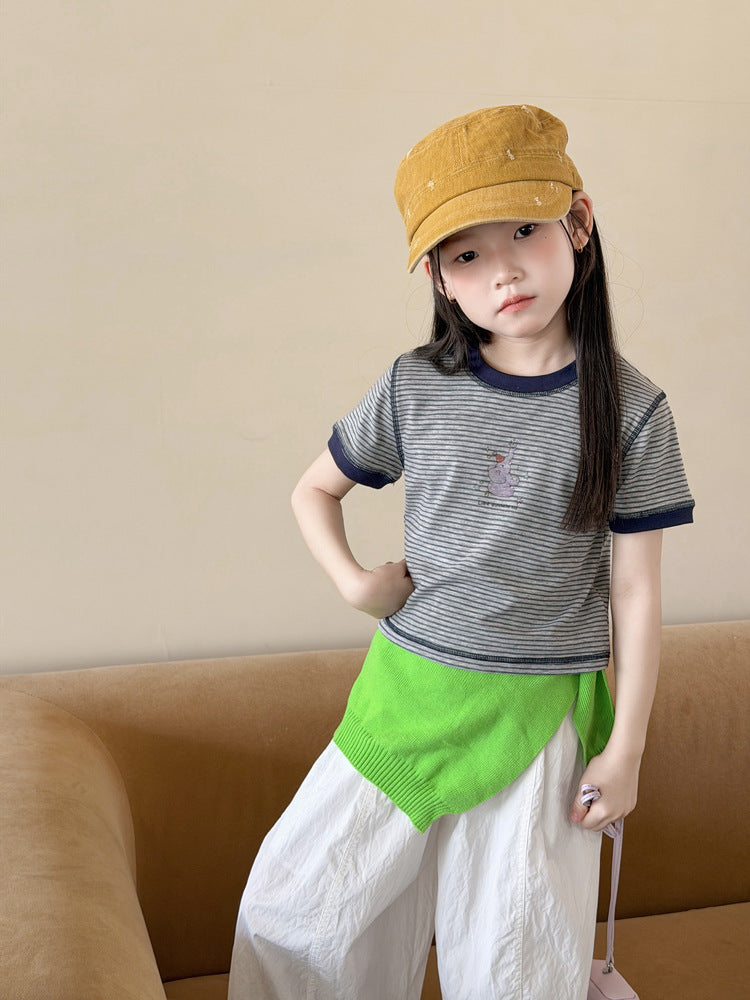 【100-170cm】休閒撞色復古條紋卡通T | 白色休閒褲