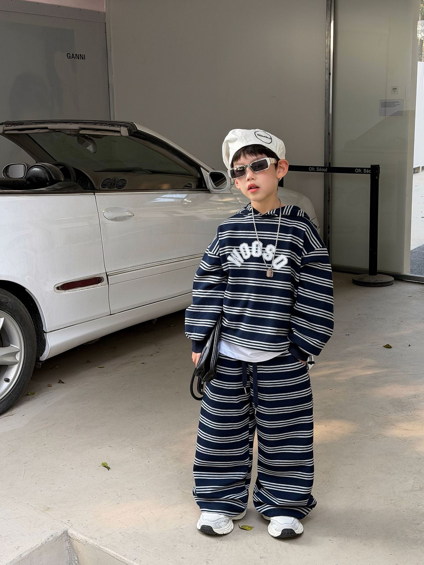 【90-160cm】韓版休閒連帽條紋套裝