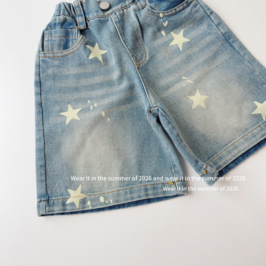 【90-150cm】復古星星印花牛仔五分中長褲