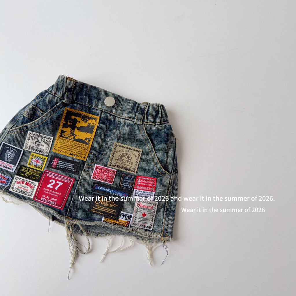 【90-150cm】(帶安全褲)拼接刺繡牛仔短裙