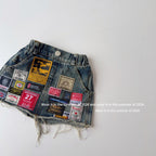 【90-150cm】(帶安全褲)拼接刺繡牛仔短裙