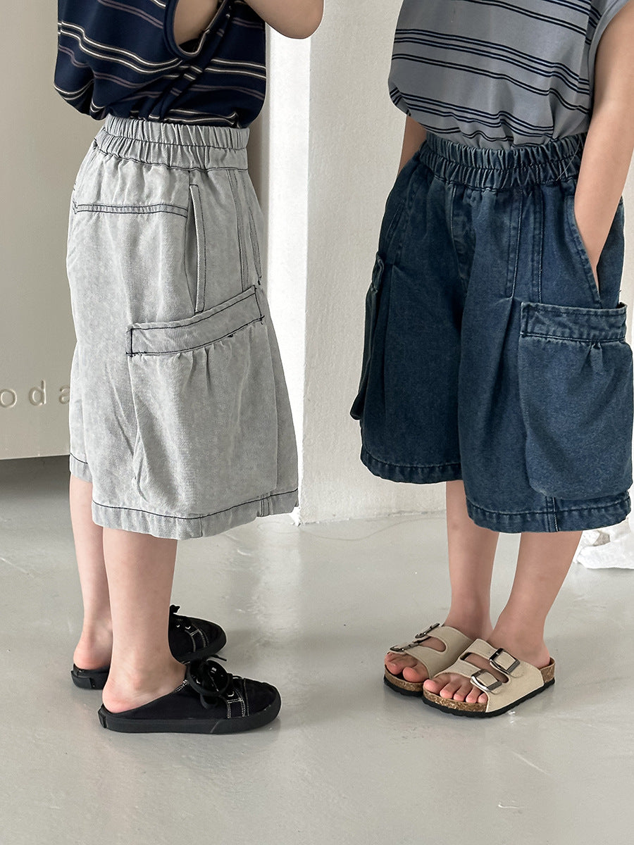 【80-140cm】做舊寬鬆口袋工裝牛仔中褲
