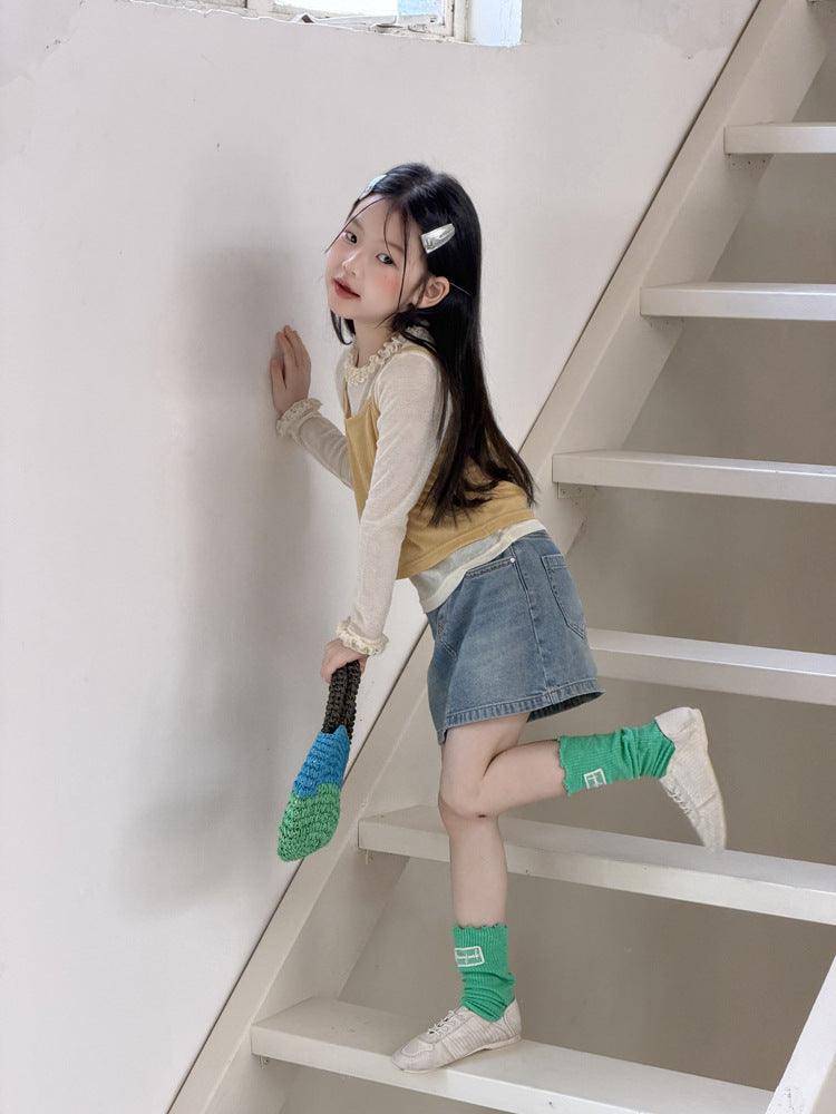 【100-170cm】法式花邊疊穿吊帶上衣兩件套