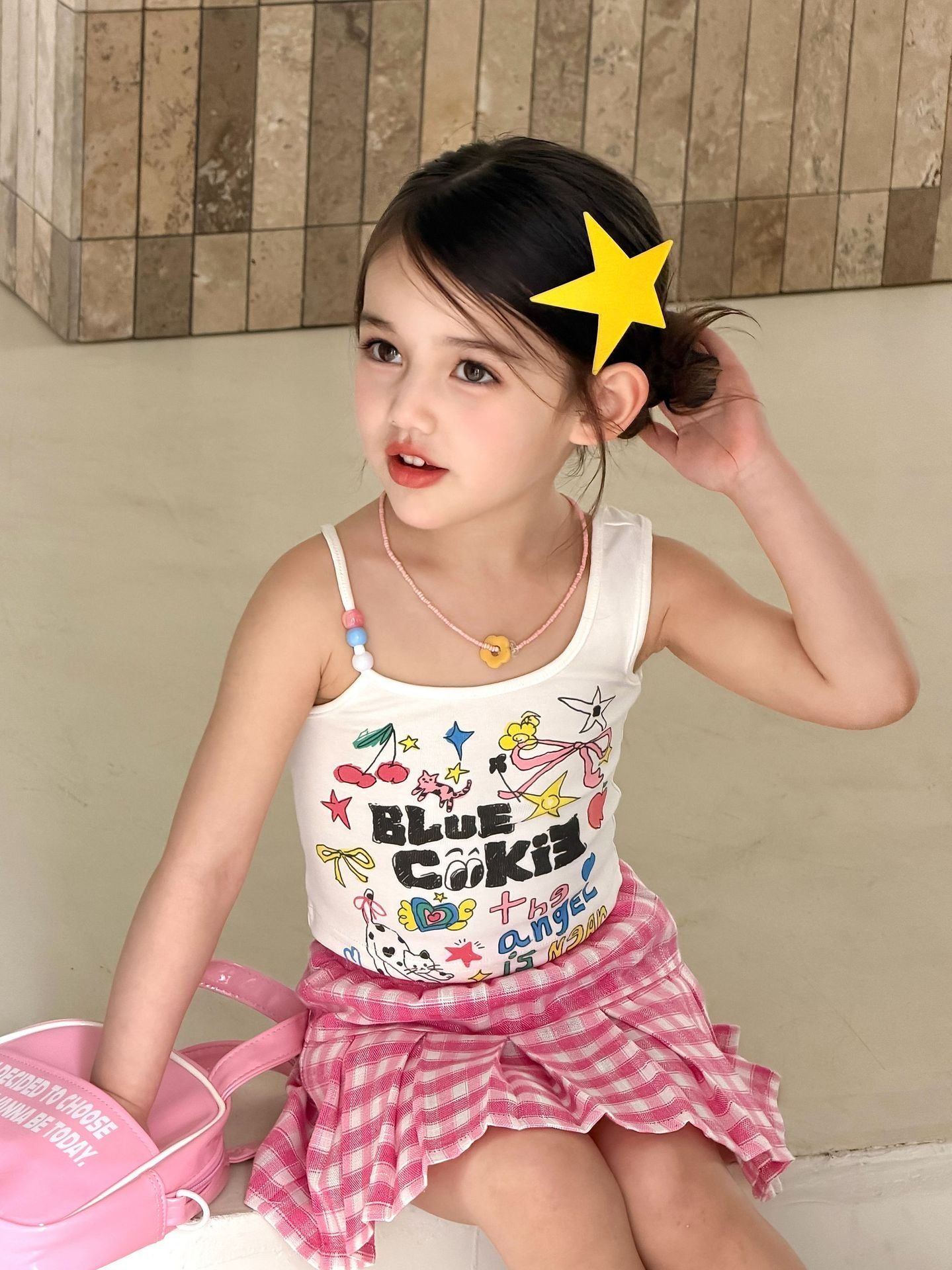 【90-150cm】美式辣妹復古印花串珠肩帶背心