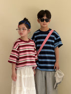 【100-160cm】寬條紋寬鬆圓領上衣