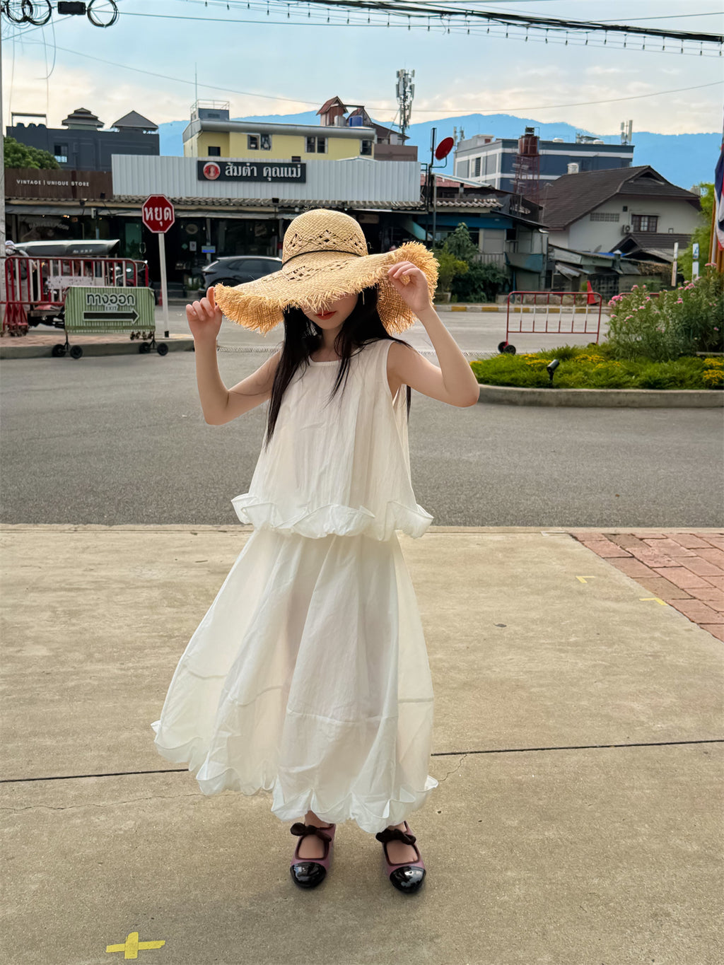 【100-160cm】荷葉邊背心裙套裝