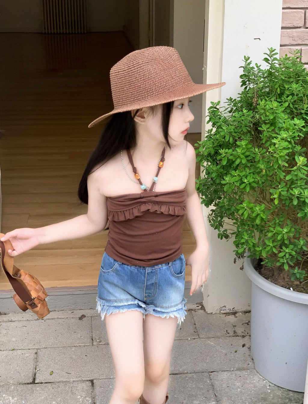 【90-150cm】美式辣妹掛脖抹胸背心 | 復古牛仔短褲