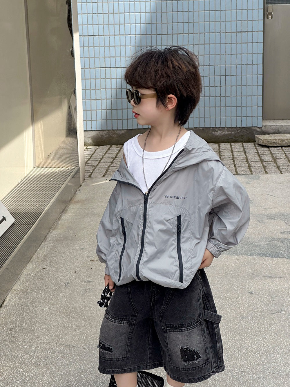 【100-160cm】破洞復古牛仔牛仔五分褲