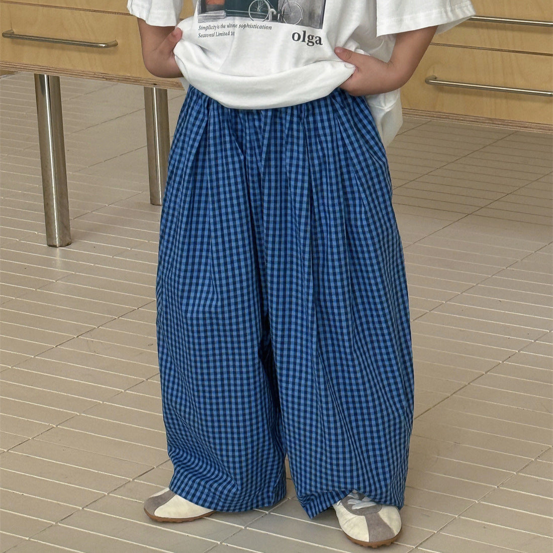 【100-160cm】韓系寬鬆休閒藍格紋闊腿褲