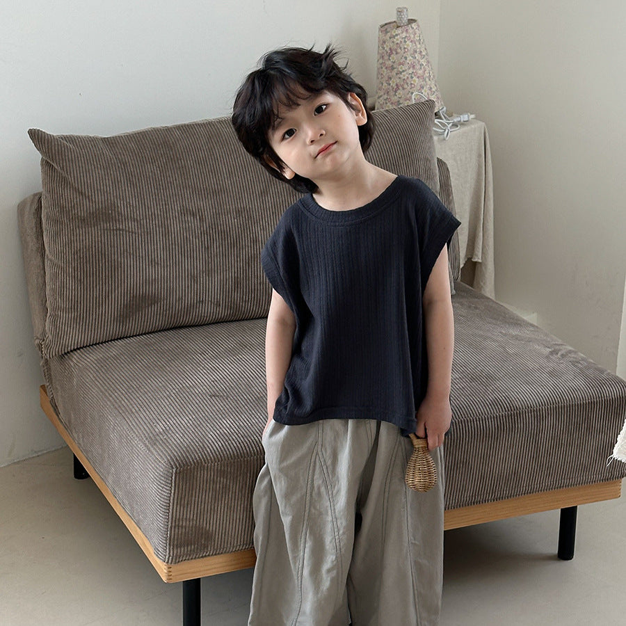 【80-140cm】純色坑條簡約無袖背心