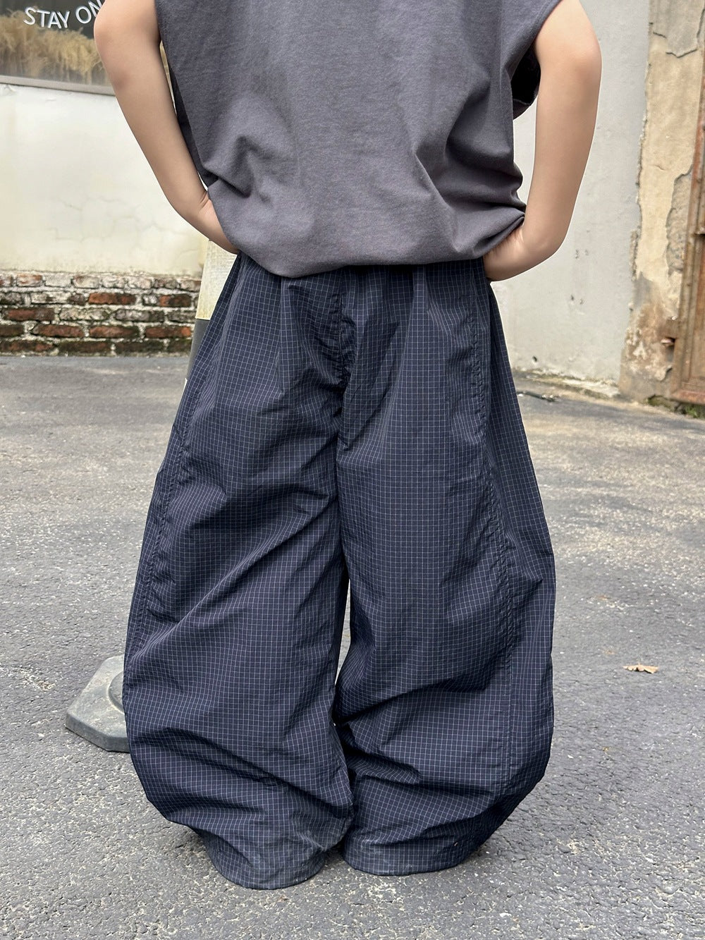【100-160cm】小格子速乾休閒褲