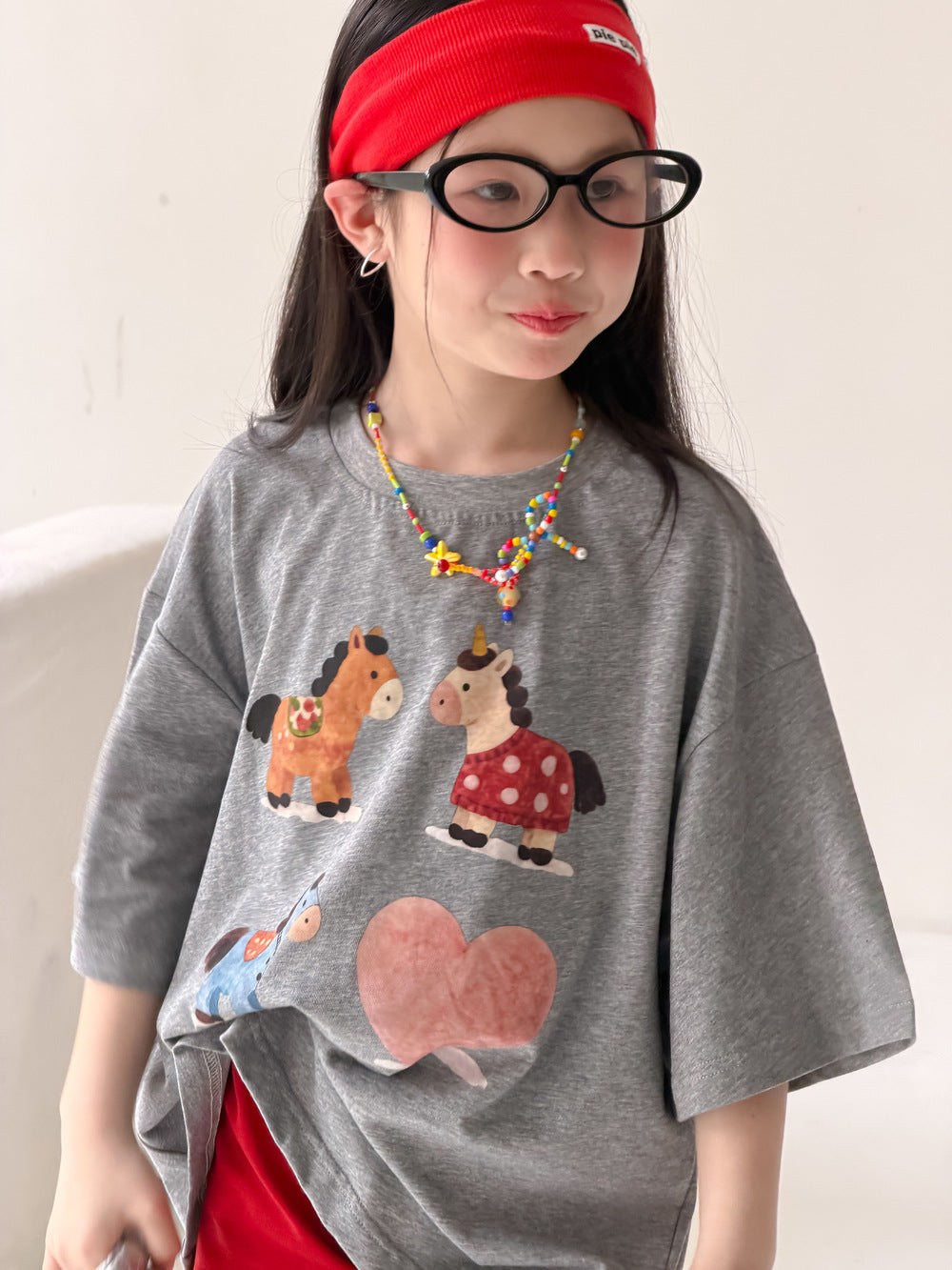 【100-160cm】韓版愛心小馬印花短袖 | 辣妹短褲