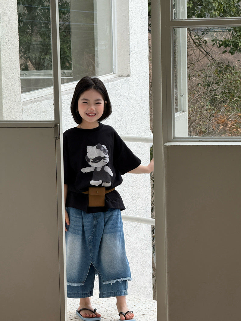 【120-160cm】不規則屁簾拼接寬腿七分牛仔褲