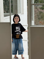 【120-160cm】不規則屁簾拼接寬腿七分牛仔褲