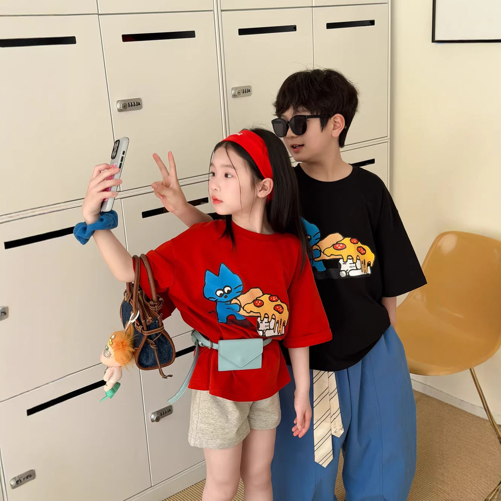 【100-160cm】韓版卡通pizza印花短袖