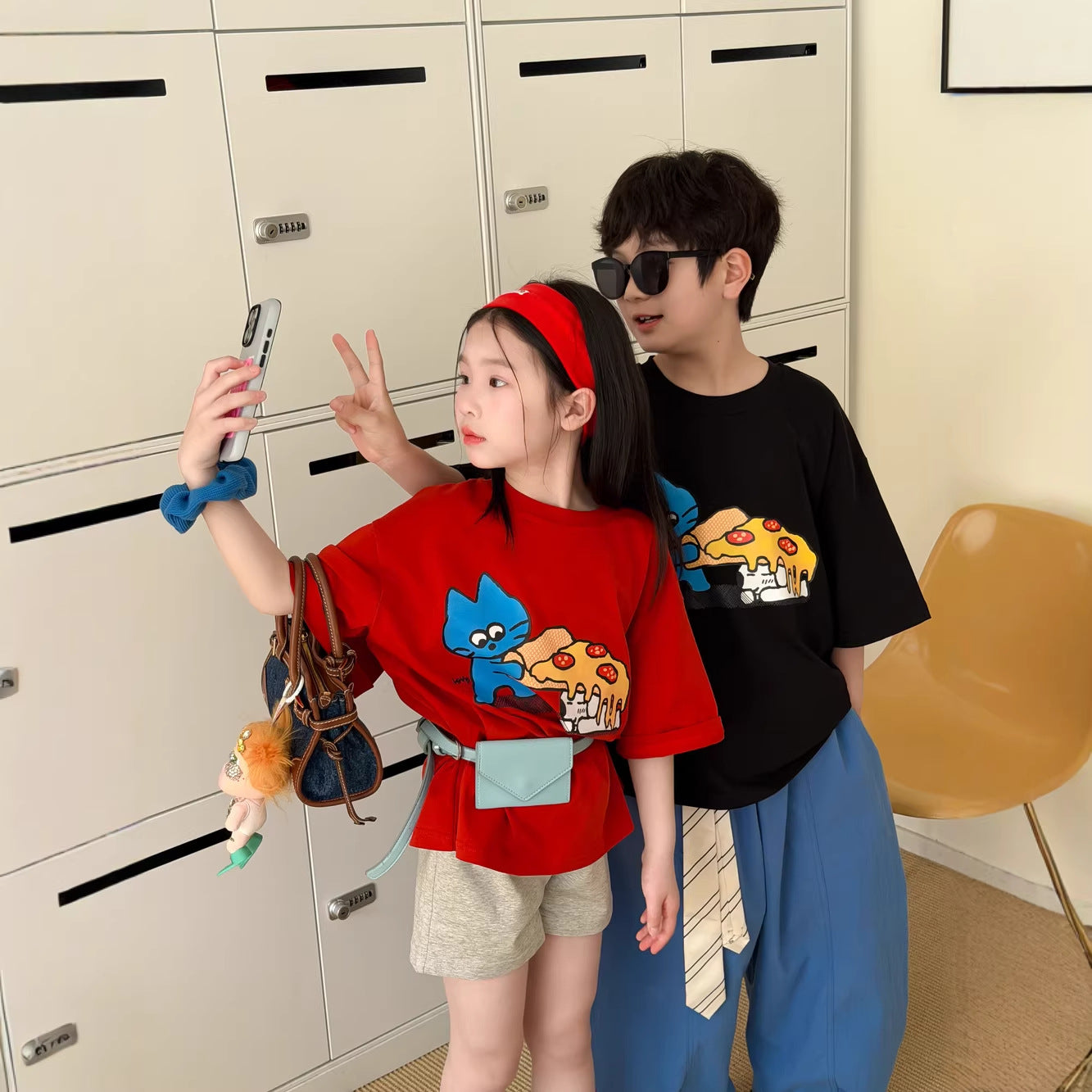 【100-160cm】韓版卡通pizza印花短袖