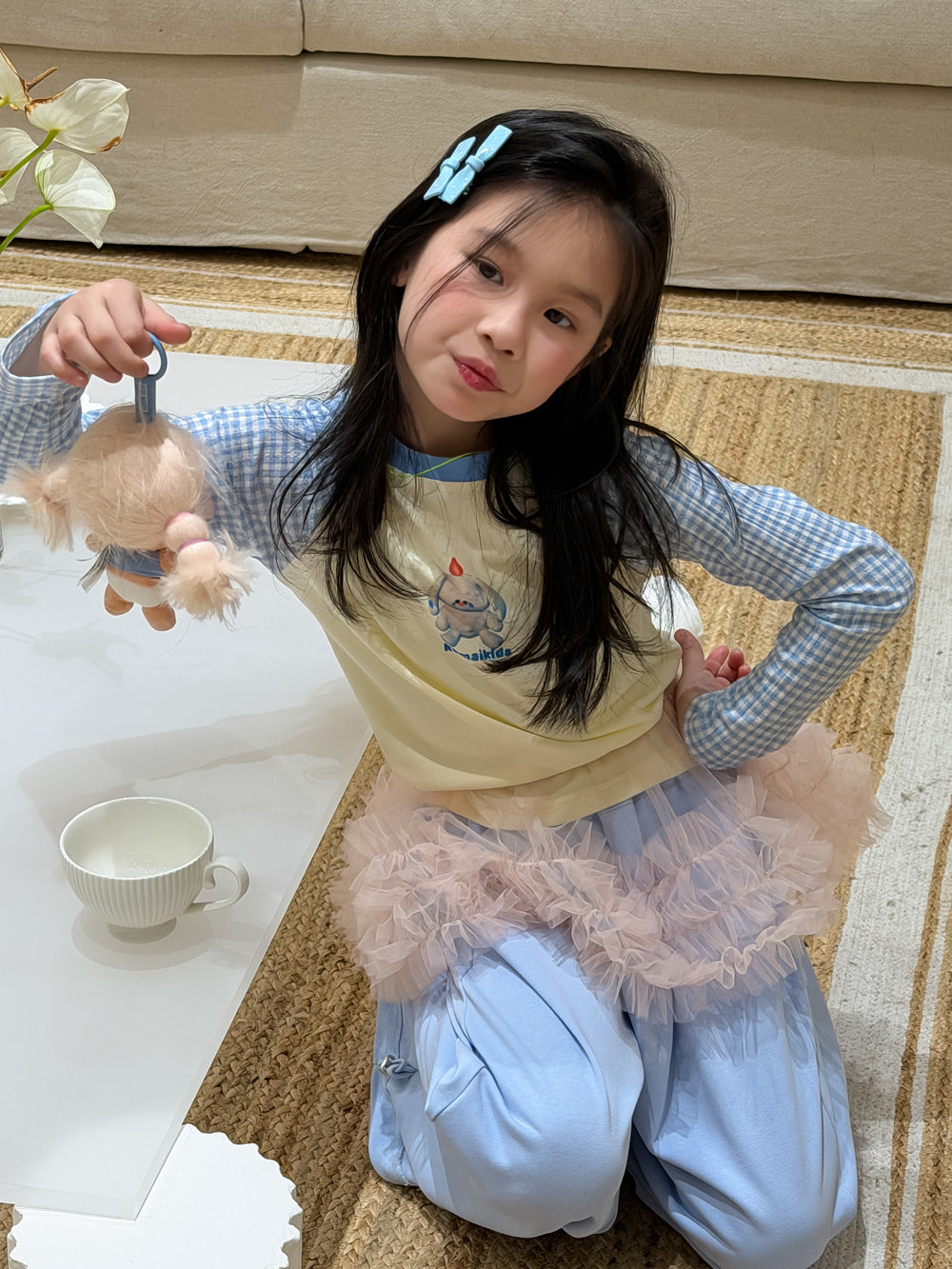 【100-160cm】卡通字母格子拼袖上衣