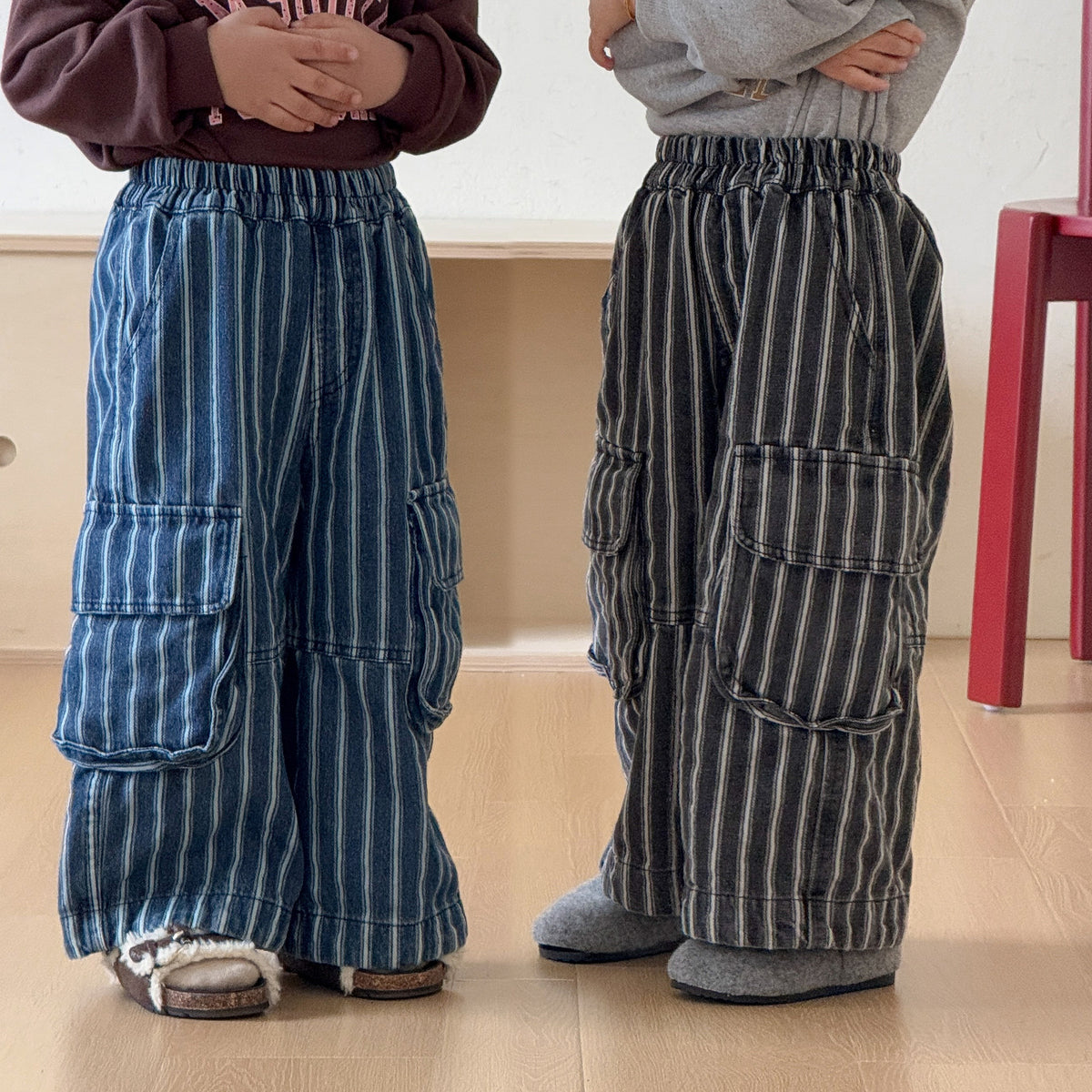 【80-150cm】條紋工裝牛仔褲