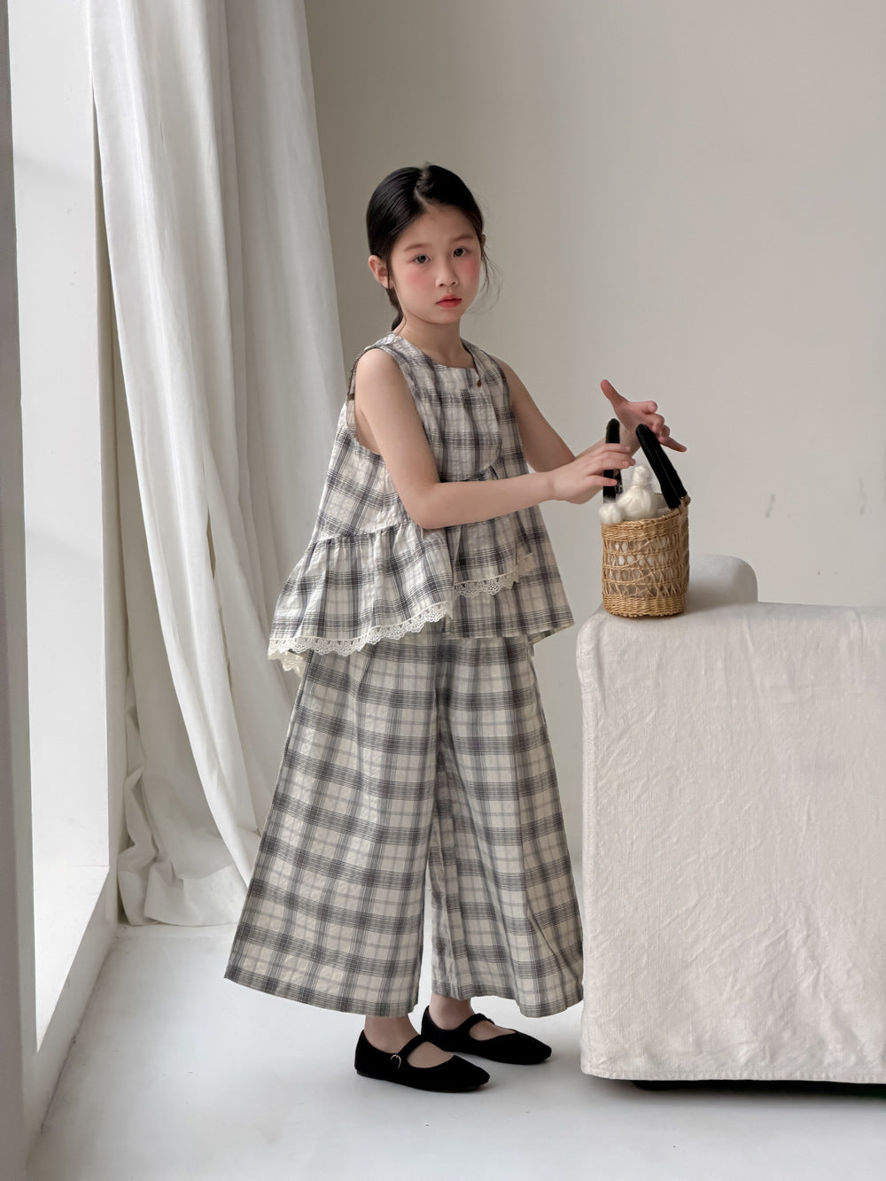 【100-160cm】韓版花邊格紋寬褲套裝
