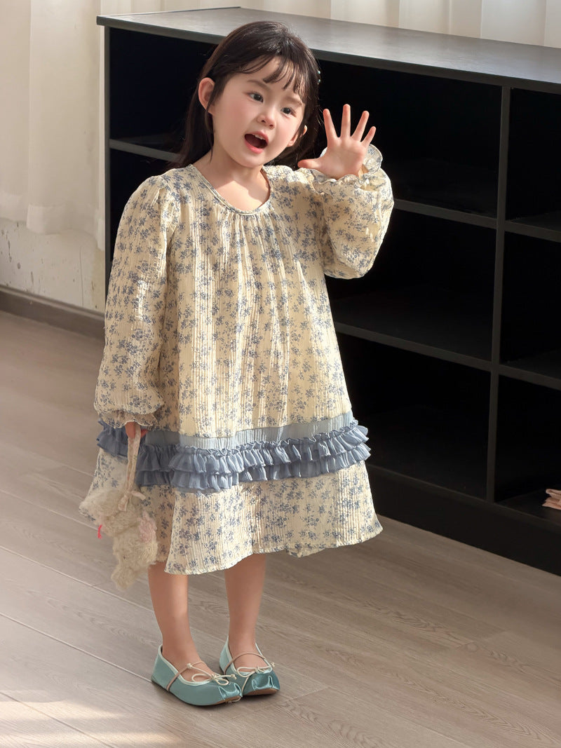 【90-140cm】雪紡碎花連身裙 | 小清新拼條公主連身裙