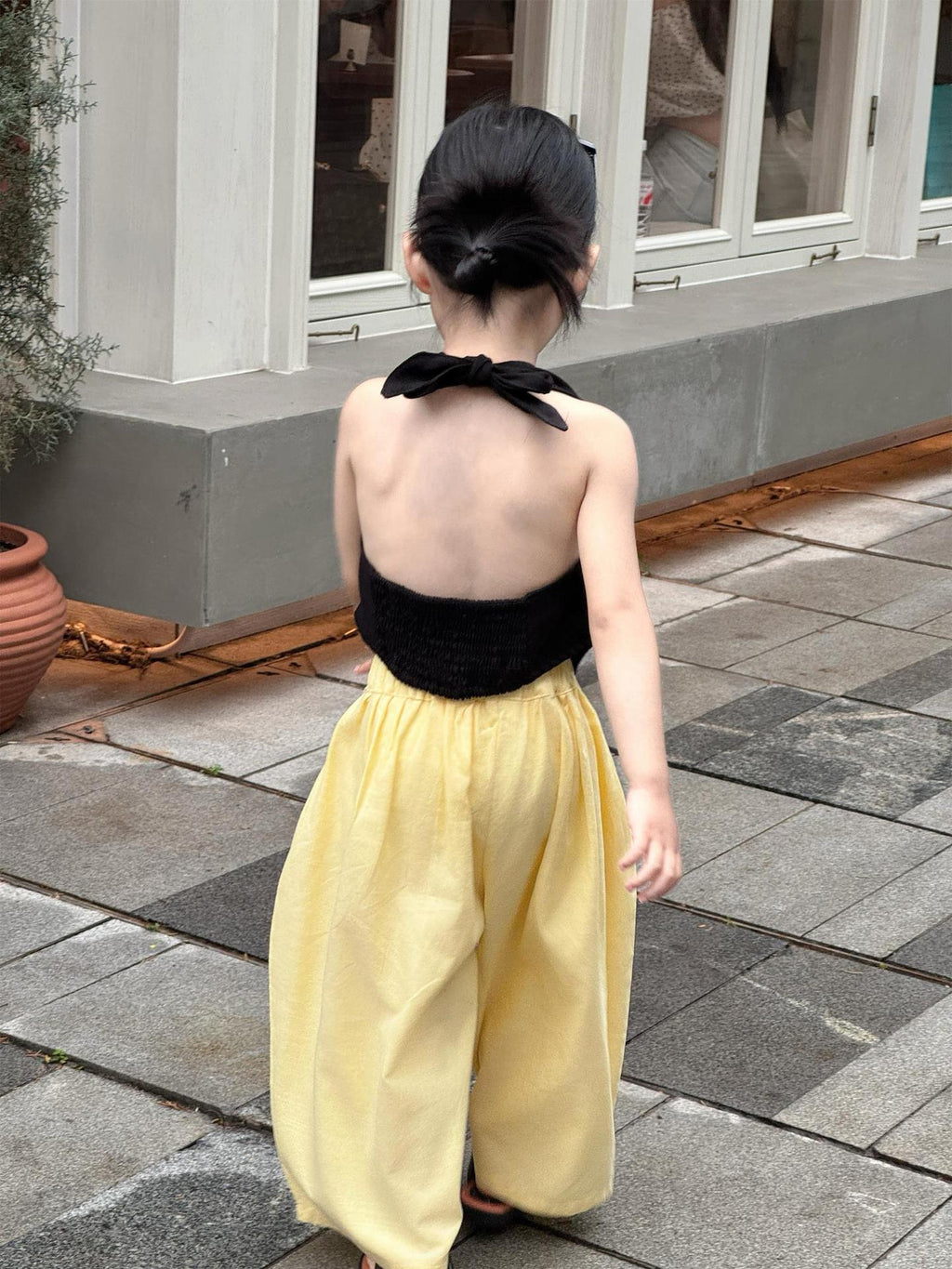 【90-140cm】雙排扣亞麻露背掛脖背心 | 亞麻闊腿褲
