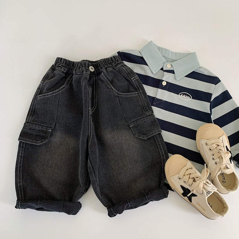 【現貨 90cm】純色口袋工裝牛仔直筒褲