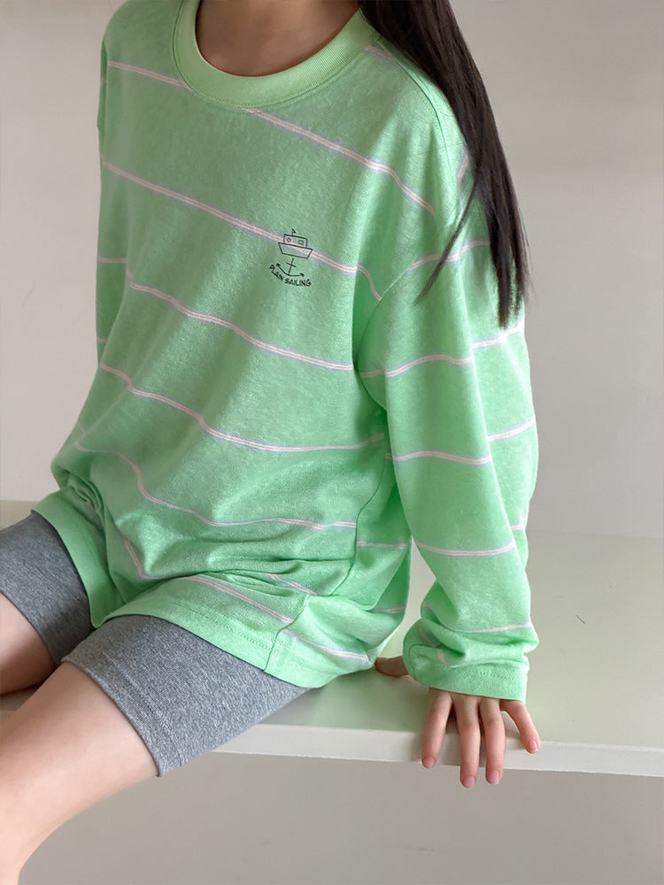 【100-170cm】休閒寬鬆條紋防曬長袖T
