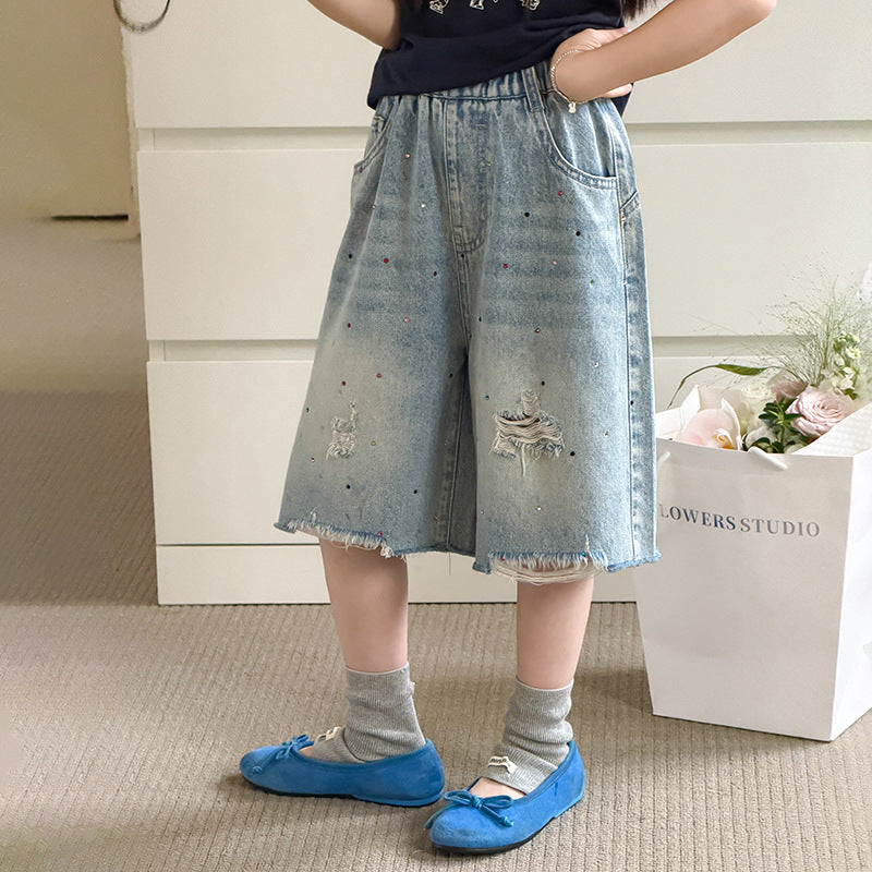 【100-170cm】隨性鬆弛感甜酷碎鑽水洗牛仔七分褲