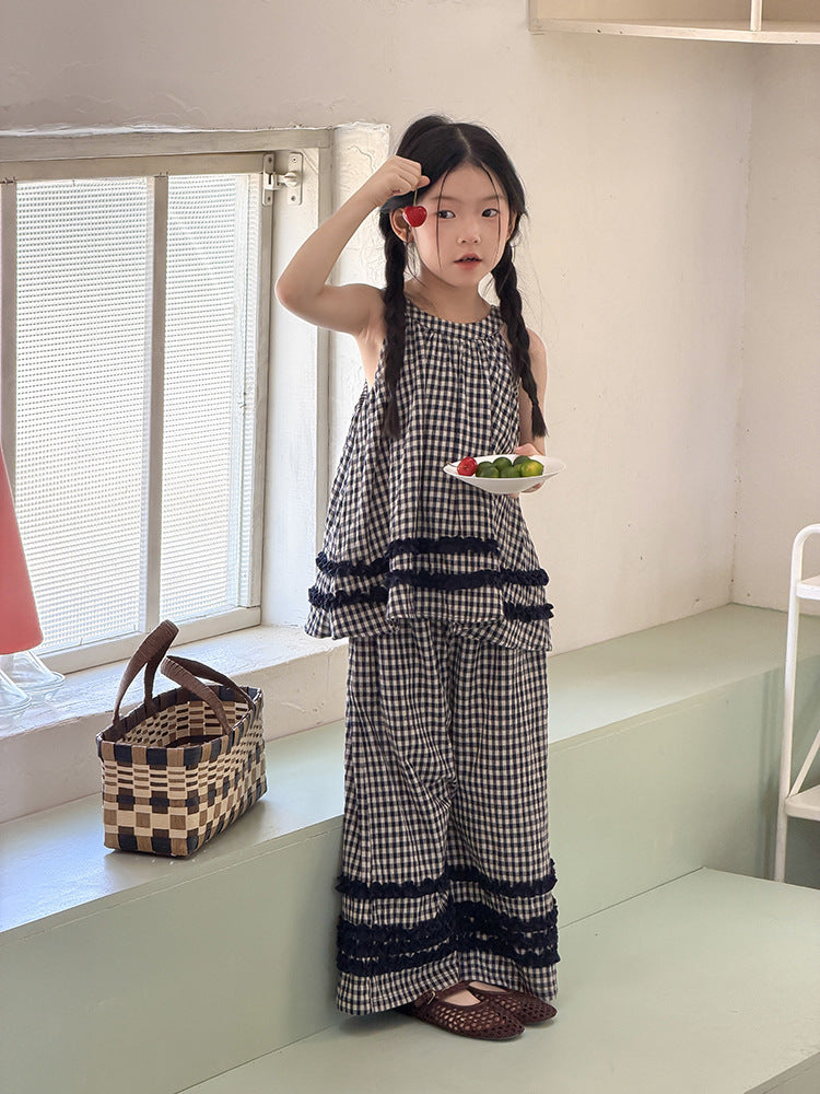 【100-170cm】格紋花邊掛脖背心闊腿褲套裝